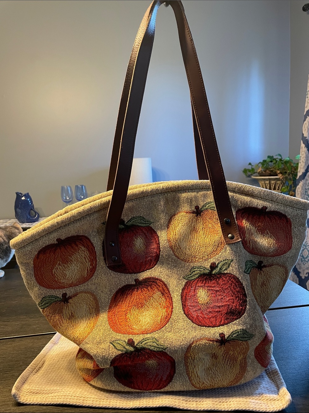 Apples Tapestry Tote Bag with Brown Leather Straps